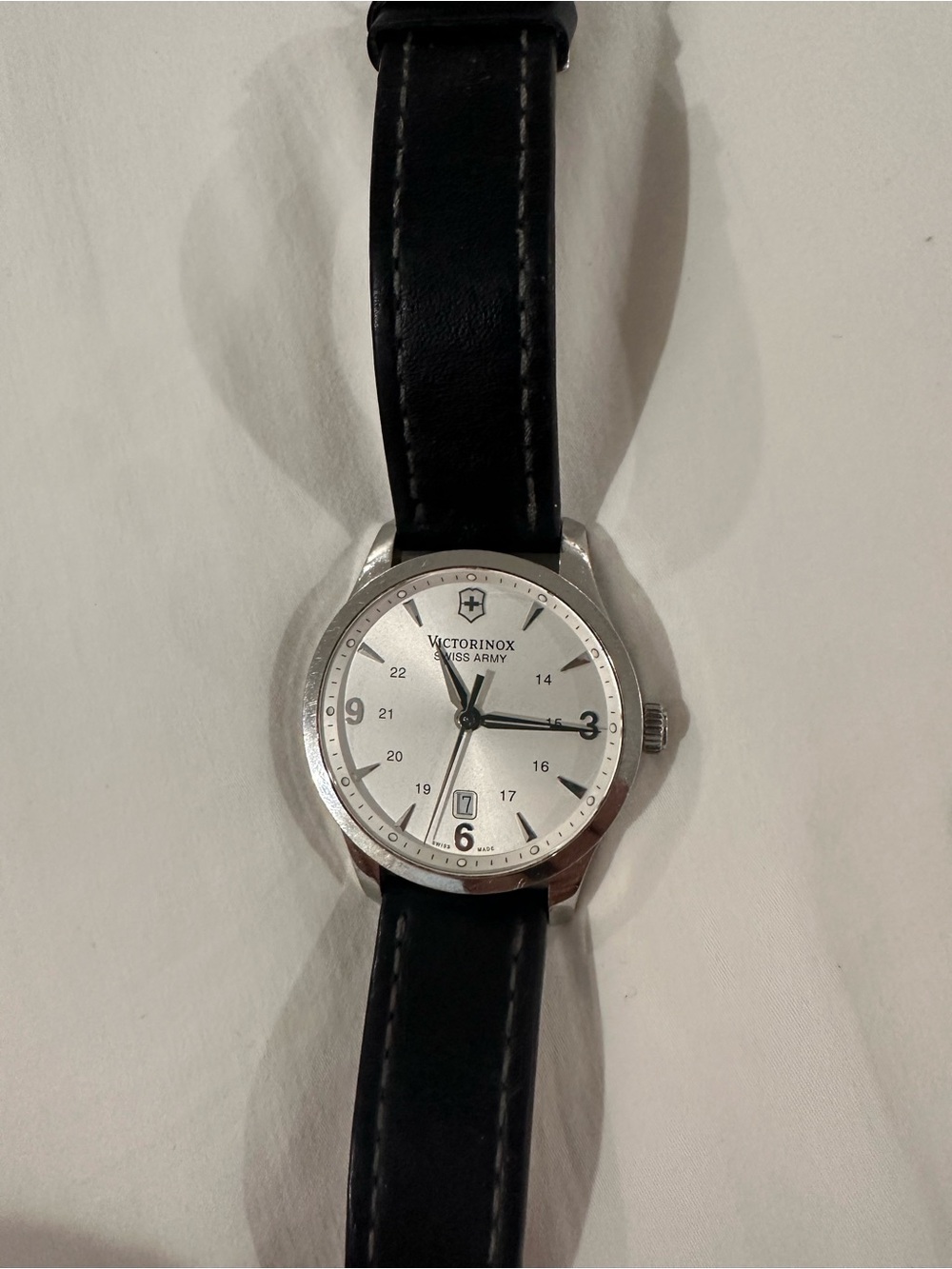 Victorinox Silver Dial Watch with Black Leather Strap